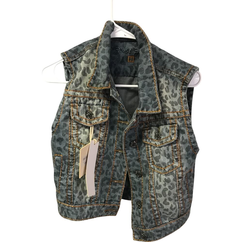 $55.55 Rose Royce Jackie Denim Jean Leopard Vest Jacket Womens Medium Blue NWT